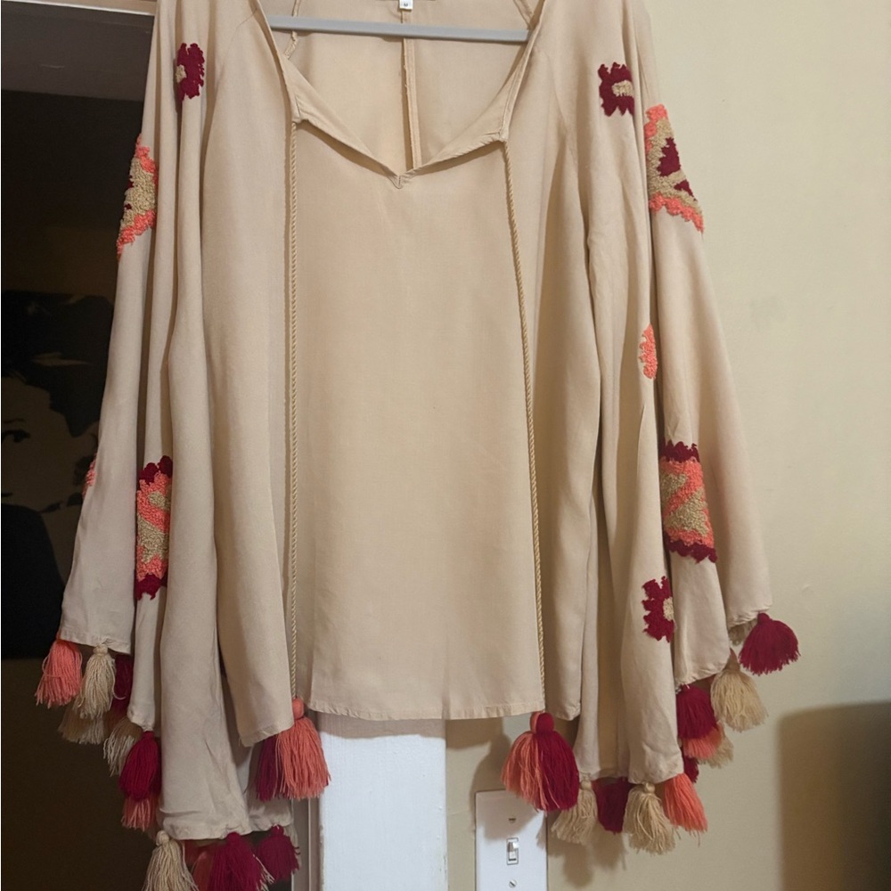 A&B America & Beyond Elegant Beige Top with Bell Sleeves & Colorful Tassels